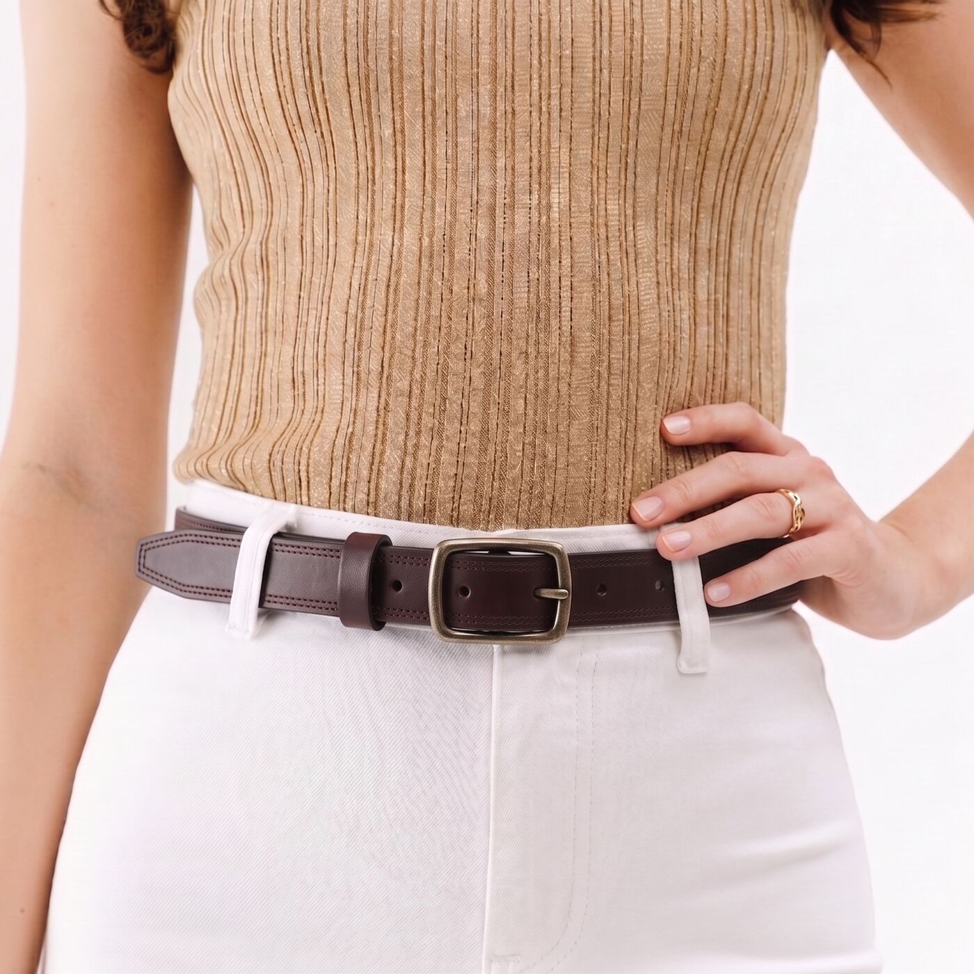 Women's Slim Double Stitch Leather Belt - Image 14