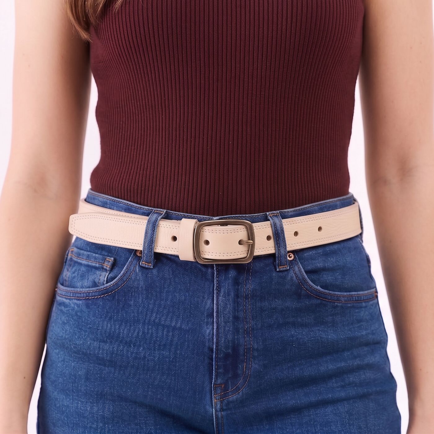 Women's Slim Double Stitch Leather Belt - Image 15